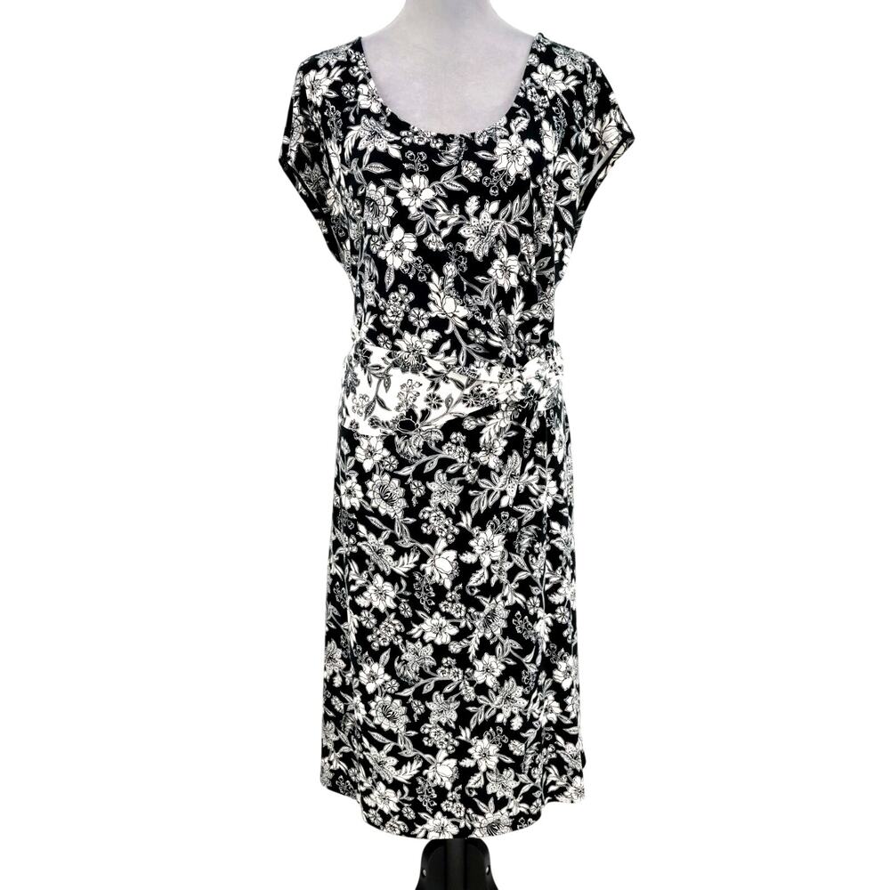 Lands End Dress Plus Sz 2X Black Ivory Floral Stretch Knit Midi Fit n Flare 20W